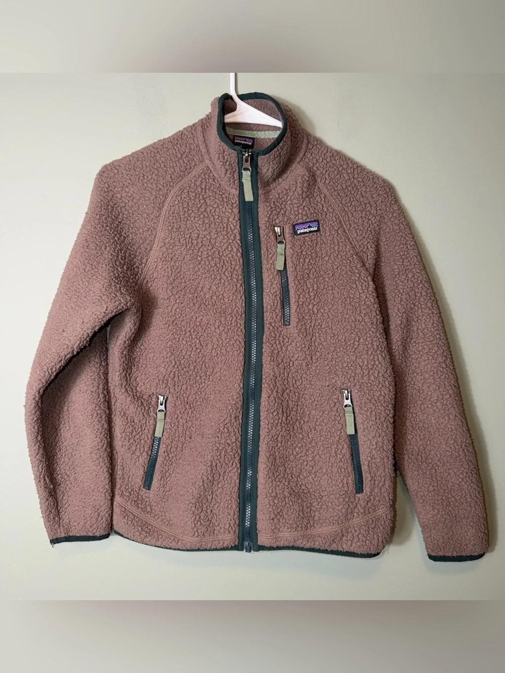 Patagonia Kids Brown Sherpa Fleece Jacket Green Trim Large 13